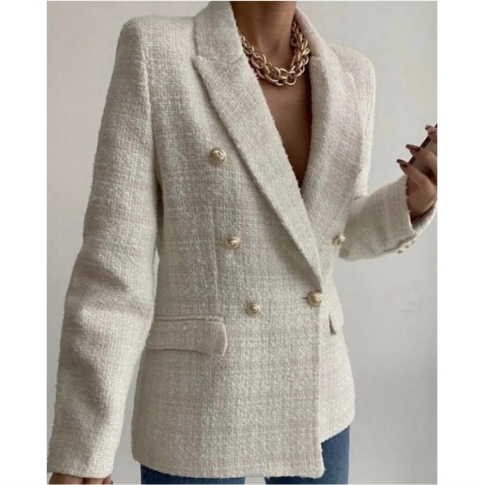 ZARA Tweed Textured Double Breasted Blazer gold buttons size S - Picture 12 of 16